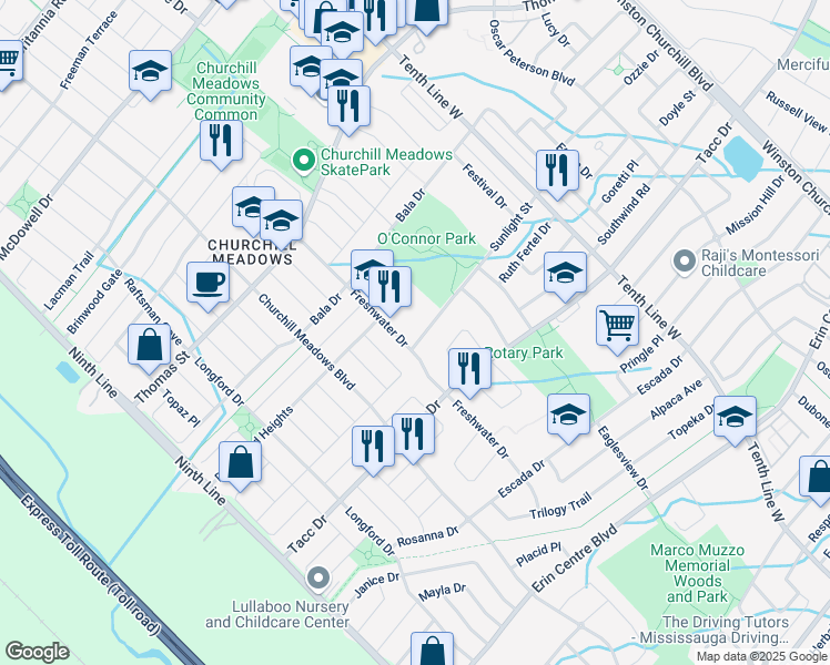 map of restaurants, bars, coffee shops, grocery stores, and more near 3449 Sunlight Street in Mississauga