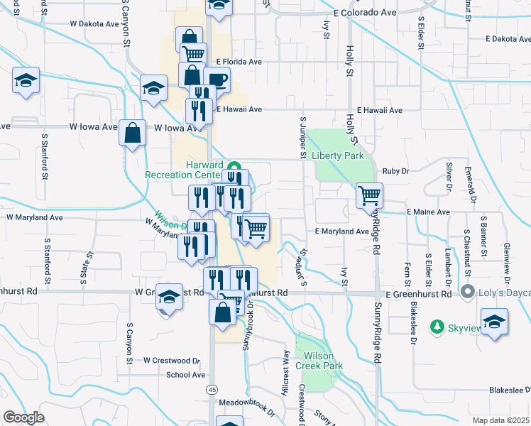 map of restaurants, bars, coffee shops, grocery stores, and more near 282 East Maine Avenue in Nampa