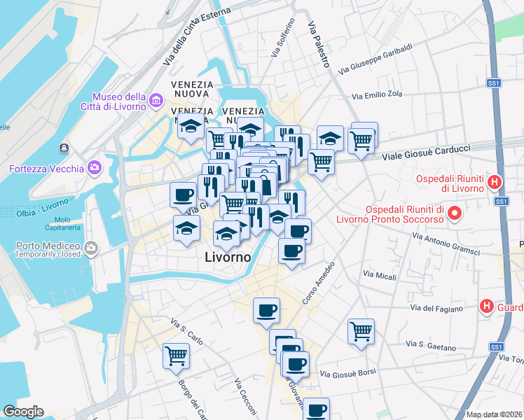 map of restaurants, bars, coffee shops, grocery stores, and more near 54 Via della Coroncina in Livorno
