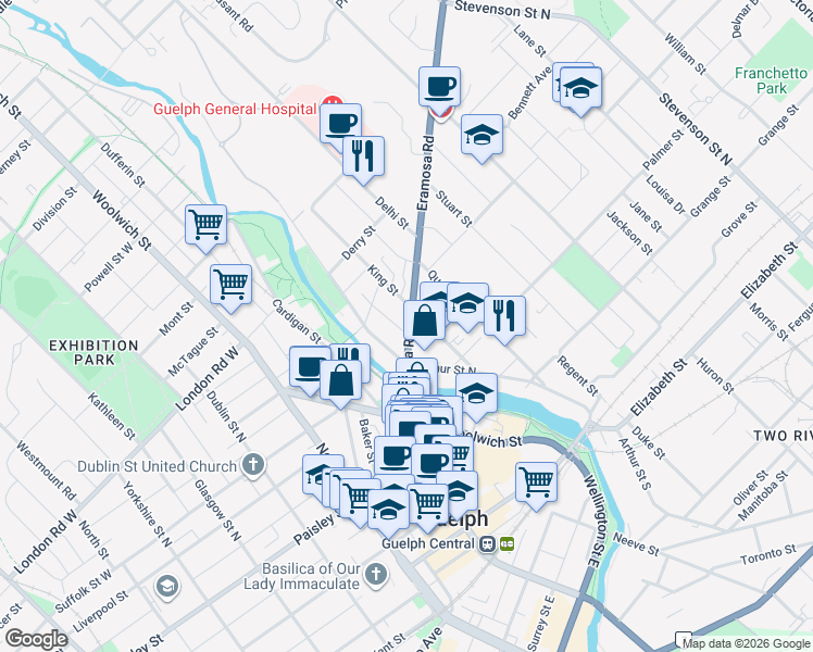 map of restaurants, bars, coffee shops, grocery stores, and more near in Guelph