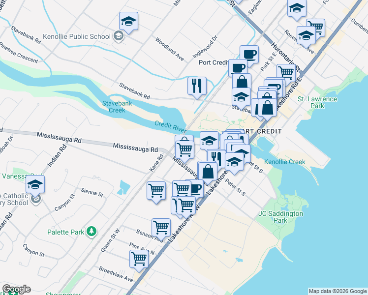 map of restaurants, bars, coffee shops, grocery stores, and more near 50 Peter Street North in Mississauga