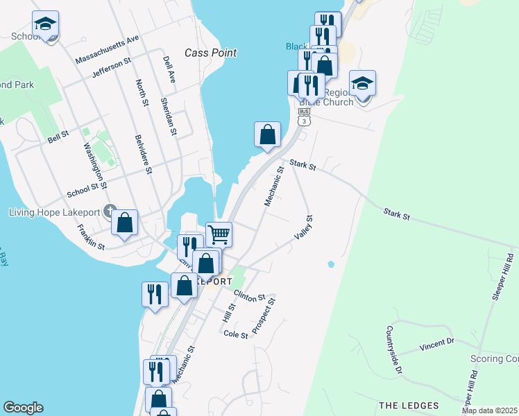 map of restaurants, bars, coffee shops, grocery stores, and more near 947 Union Avenue in Laconia