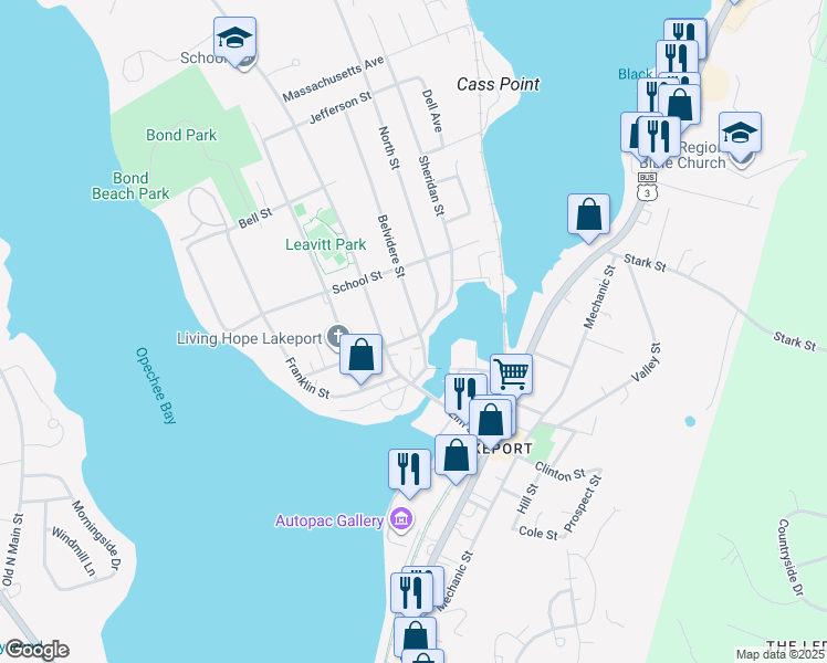 map of restaurants, bars, coffee shops, grocery stores, and more near 50 Belvidere Street in Laconia