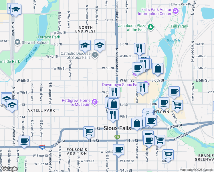 map of restaurants, bars, coffee shops, grocery stores, and more near 335 North Spring Avenue in Sioux Falls