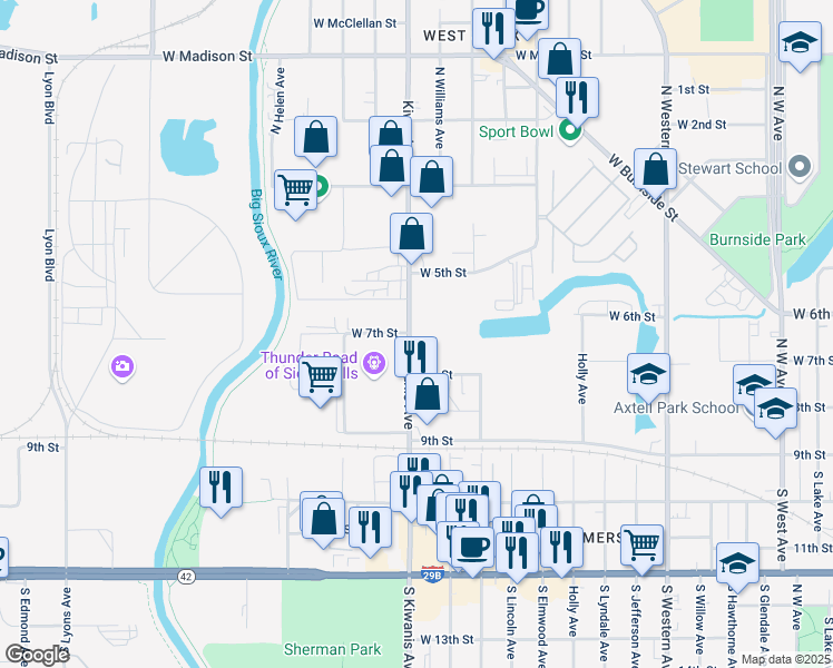 map of restaurants, bars, coffee shops, grocery stores, and more near 308 North Kiwanis Avenue in Sioux Falls