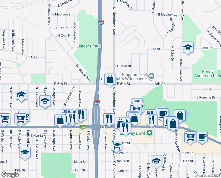 map of restaurants, bars, coffee shops, grocery stores, and more near 2701 East 6th Street in Sioux Falls