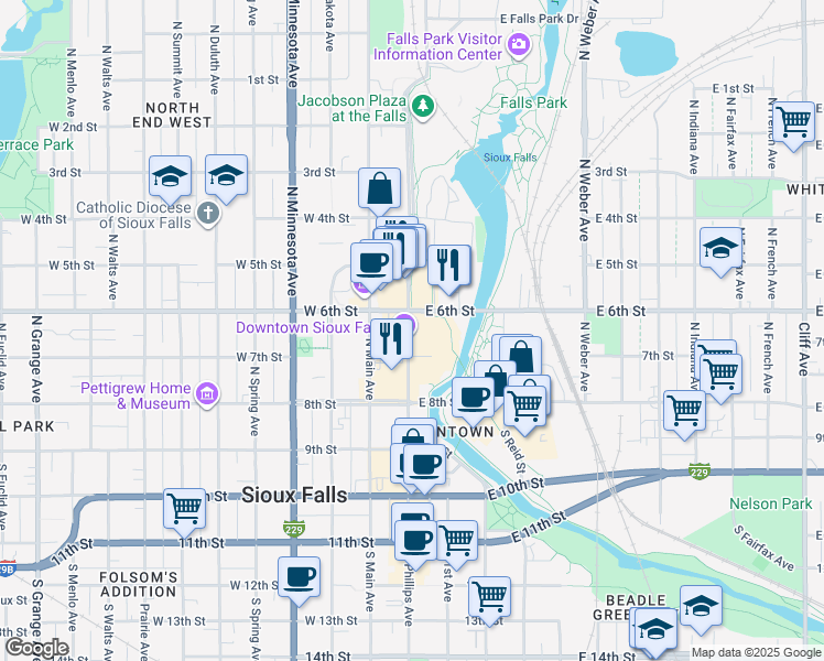map of restaurants, bars, coffee shops, grocery stores, and more near 121 East 6th Street in Sioux Falls