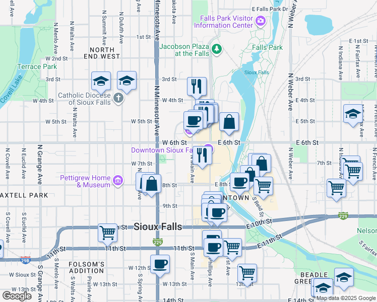 map of restaurants, bars, coffee shops, grocery stores, and more near 333 North Main Avenue in Sioux Falls