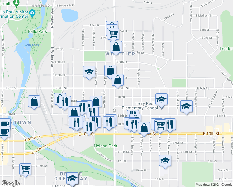 map of restaurants, bars, coffee shops, grocery stores, and more near 322 North Cliff Avenue in Sioux Falls