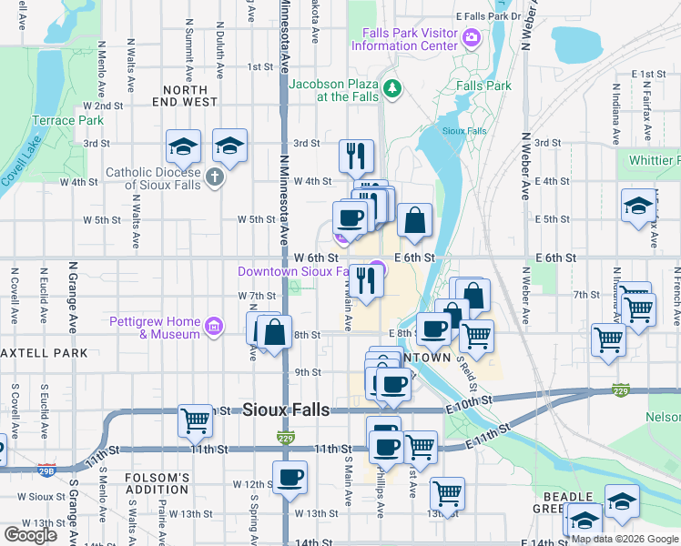 map of restaurants, bars, coffee shops, grocery stores, and more near in Sioux Falls