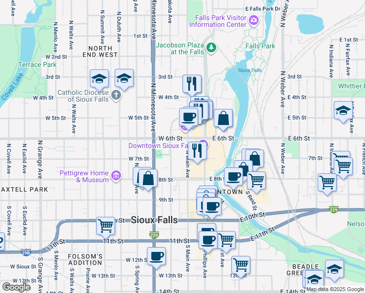 map of restaurants, bars, coffee shops, grocery stores, and more near 333 North Main Avenue in Sioux Falls