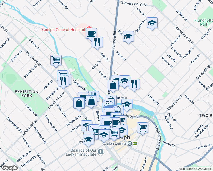 map of restaurants, bars, coffee shops, grocery stores, and more near 19 Mitchell Street in Guelph
