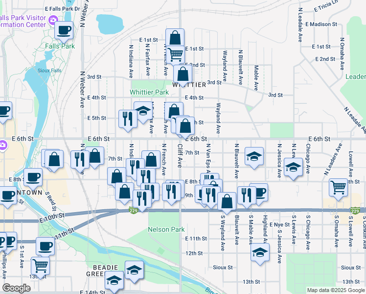 map of restaurants, bars, coffee shops, grocery stores, and more near 310 North Cliff Avenue in Sioux Falls