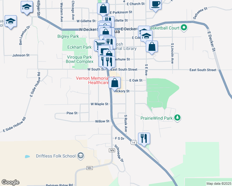 map of restaurants, bars, coffee shops, grocery stores, and more near 115 Hickory Street in Viroqua