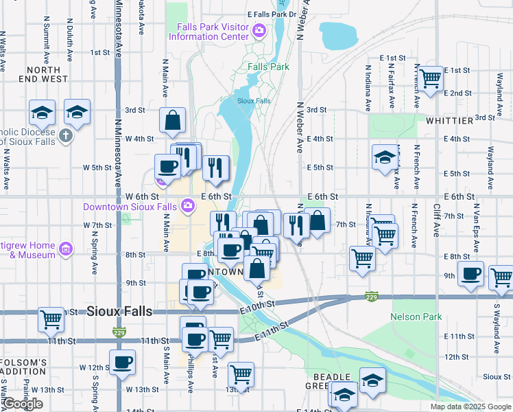 map of restaurants, bars, coffee shops, grocery stores, and more near 261-285 E 6th St in Sioux Falls