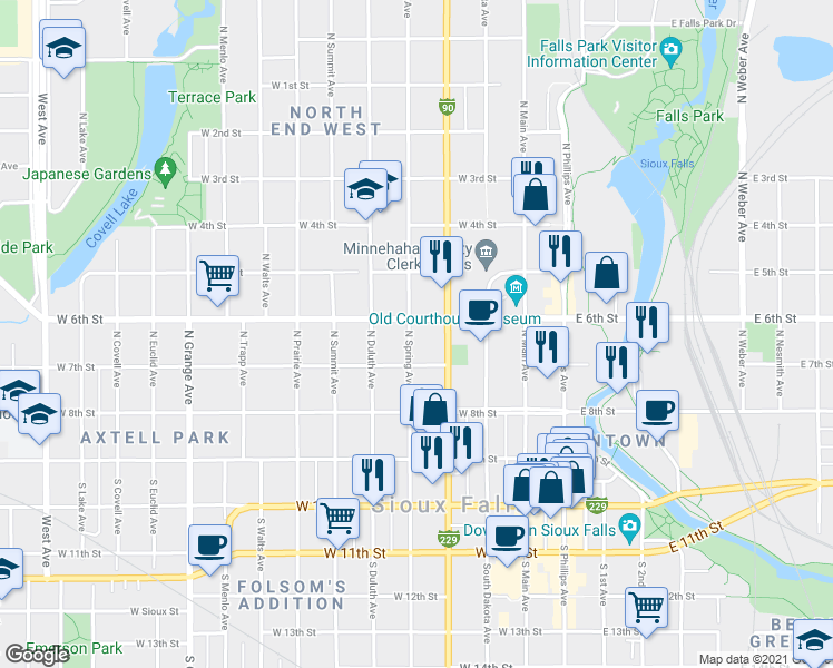 map of restaurants, bars, coffee shops, grocery stores, and more near 331 North Minnesota Avenue in Sioux Falls