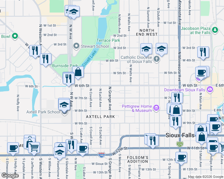 map of restaurants, bars, coffee shops, grocery stores, and more near 326 North Grange Avenue in Sioux Falls