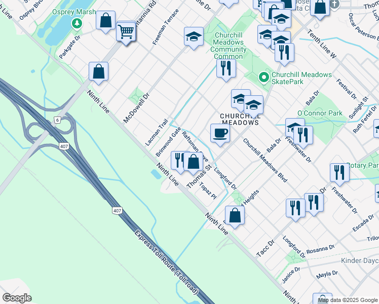map of restaurants, bars, coffee shops, grocery stores, and more near 3681 Bloomington Crescent in Mississauga