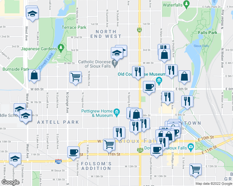map of restaurants, bars, coffee shops, grocery stores, and more near 321 North Duluth Avenue in Sioux Falls