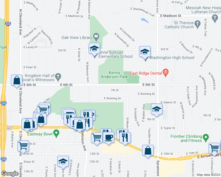 map of restaurants, bars, coffee shops, grocery stores, and more near 3828 East 7th Street in Sioux Falls
