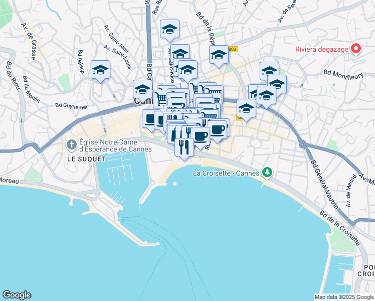 map of restaurants, bars, coffee shops, grocery stores, and more near 10 Boulevard de la Croisette in Cannes