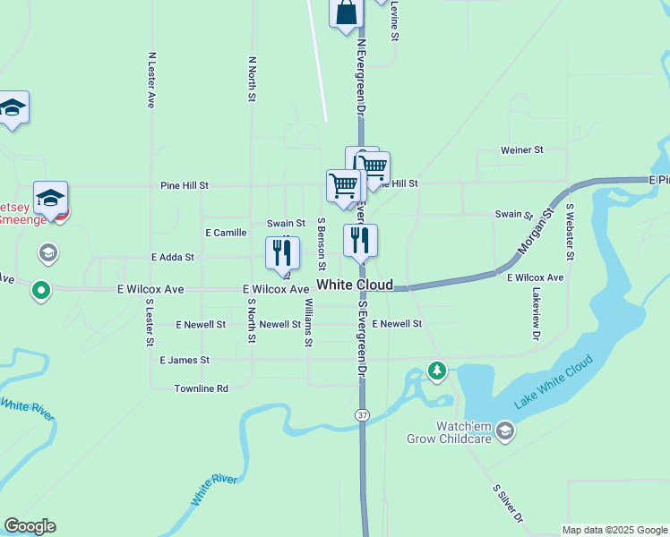 map of restaurants, bars, coffee shops, grocery stores, and more near 156 S Benson St in White Cloud