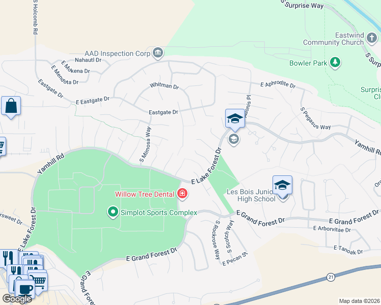 map of restaurants, bars, coffee shops, grocery stores, and more near 5640 South Onaga Place in Boise