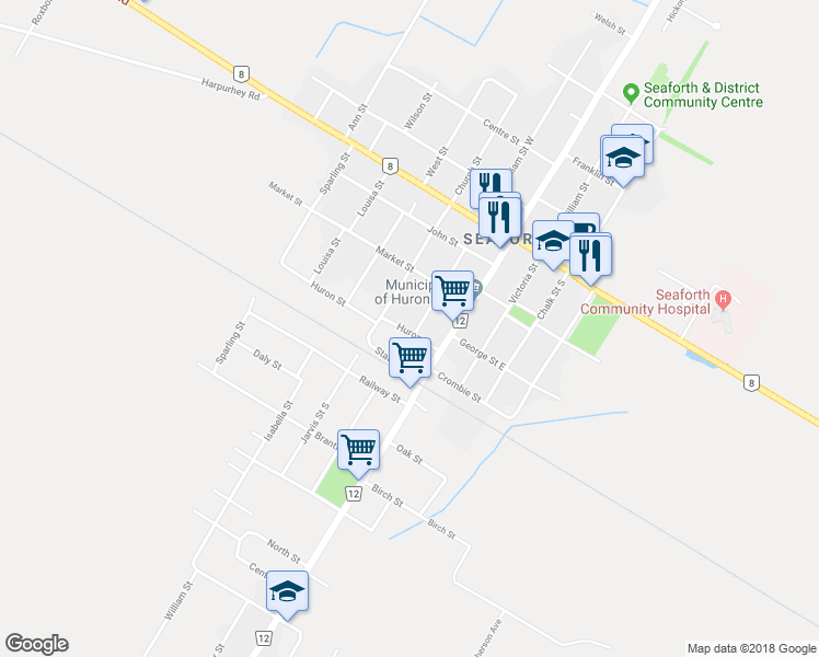 map of restaurants, bars, coffee shops, grocery stores, and more near 36 Huron Street in Huron East