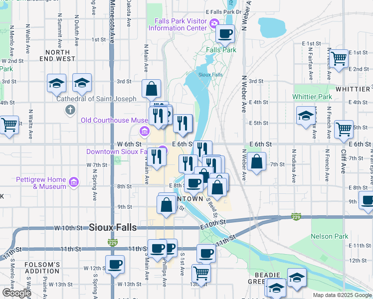 map of restaurants, bars, coffee shops, grocery stores, and more near 205 East 6th Street in Sioux Falls