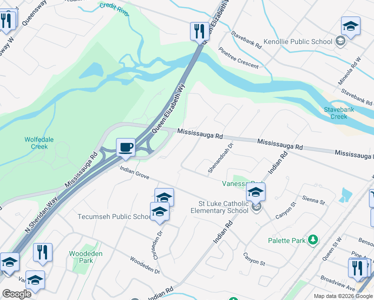 map of restaurants, bars, coffee shops, grocery stores, and more near 1544 Wateska Boulevard in Mississauga