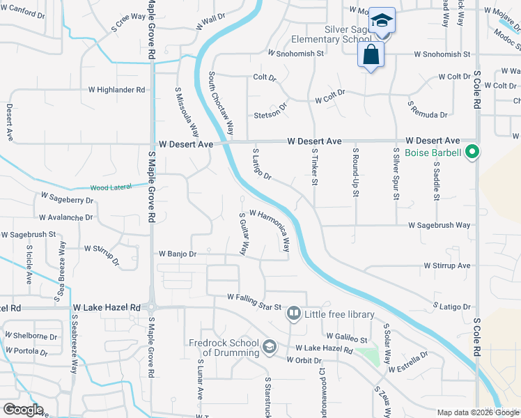 map of restaurants, bars, coffee shops, grocery stores, and more near 8464 West Harmonica Way in Boise