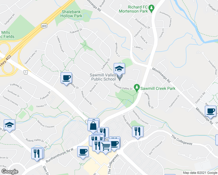 map of restaurants, bars, coffee shops, grocery stores, and more near 3635 Belvedere Crescent in Mississauga