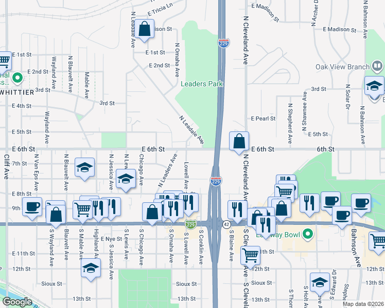 map of restaurants, bars, coffee shops, grocery stores, and more near 2407 East 6th Street in Sioux Falls