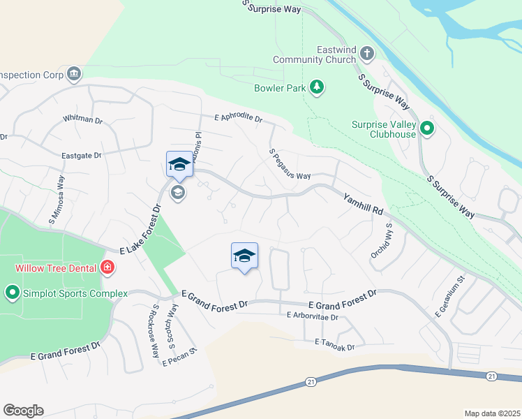map of restaurants, bars, coffee shops, grocery stores, and more near 5647 South Flax Place in Boise
