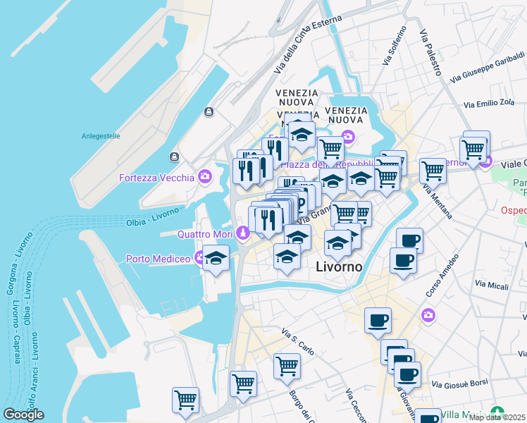 map of restaurants, bars, coffee shops, grocery stores, and more near Via Fiume in Livorno