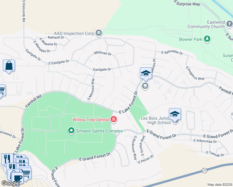 map of restaurants, bars, coffee shops, grocery stores, and more near 5640 South Onaga Place in Boise