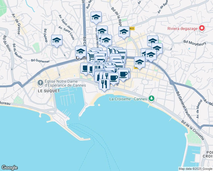 map of restaurants, bars, coffee shops, grocery stores, and more near 10 Boulevard de la Croisette in Cannes