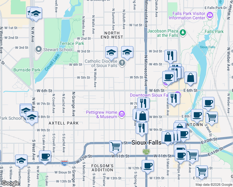 map of restaurants, bars, coffee shops, grocery stores, and more near 348 North Summit Avenue in Sioux Falls