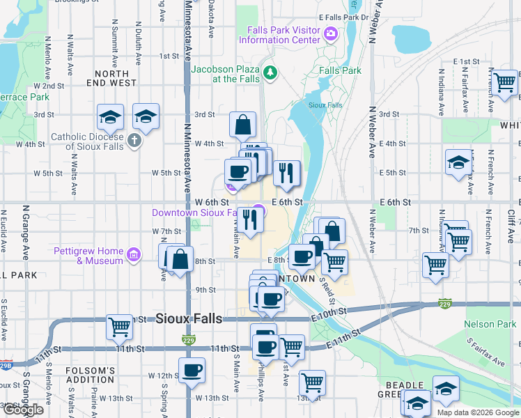 map of restaurants, bars, coffee shops, grocery stores, and more near 331 North Phillips Avenue in Sioux Falls