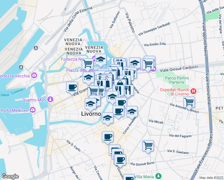 map of restaurants, bars, coffee shops, grocery stores, and more near 31 Via Cosimo del Fante in Livorno