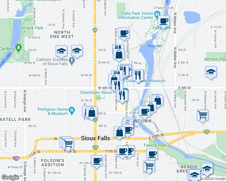 map of restaurants, bars, coffee shops, grocery stores, and more near 333 North Main Avenue in Sioux Falls