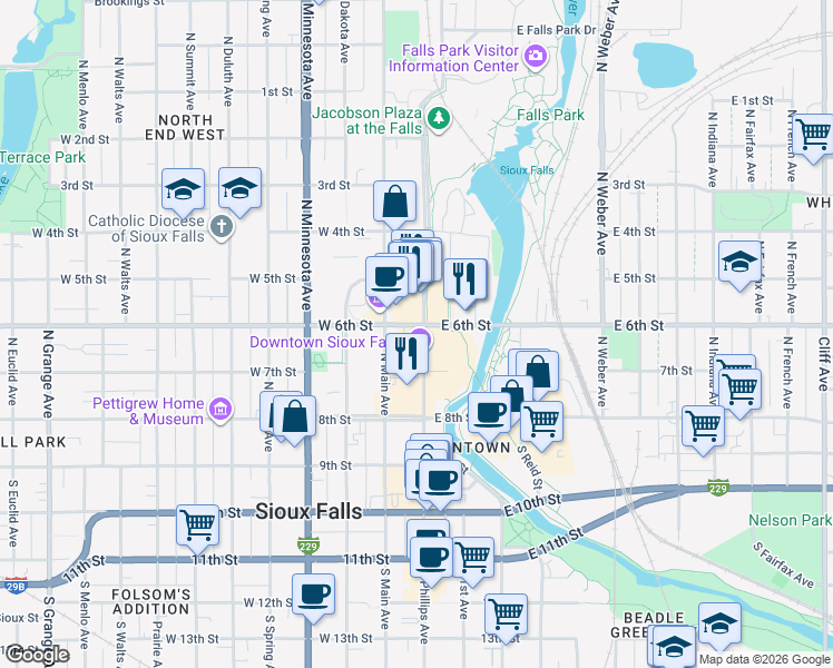 map of restaurants, bars, coffee shops, grocery stores, and more near 331 North Phillips Avenue in Sioux Falls