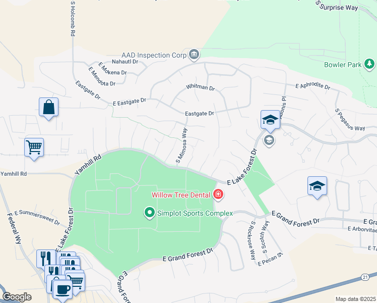 map of restaurants, bars, coffee shops, grocery stores, and more near 5667 South Nasturtium Place in Boise
