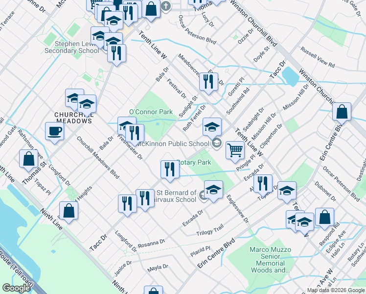 map of restaurants, bars, coffee shops, grocery stores, and more near 5487 Challenger Drive in Mississauga