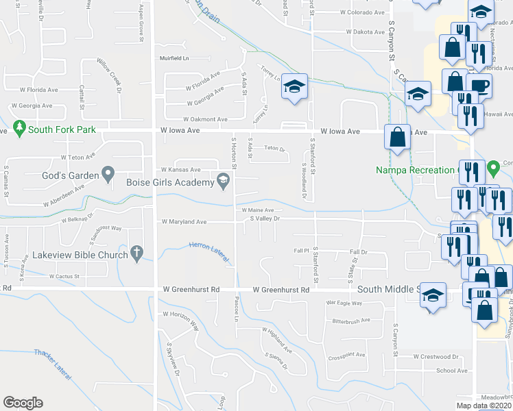 map of restaurants, bars, coffee shops, grocery stores, and more near 724 West Maine Avenue in Nampa