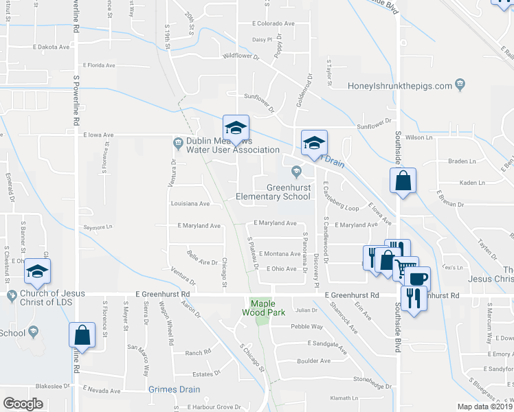 map of restaurants, bars, coffee shops, grocery stores, and more near 2405 Louisiana Place in Nampa