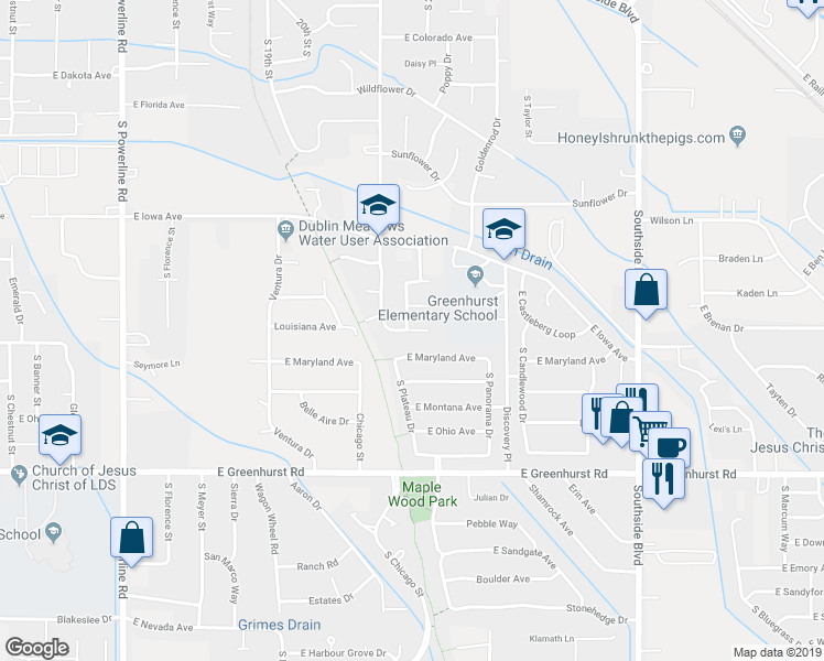 map of restaurants, bars, coffee shops, grocery stores, and more near Louisiana Place in Nampa