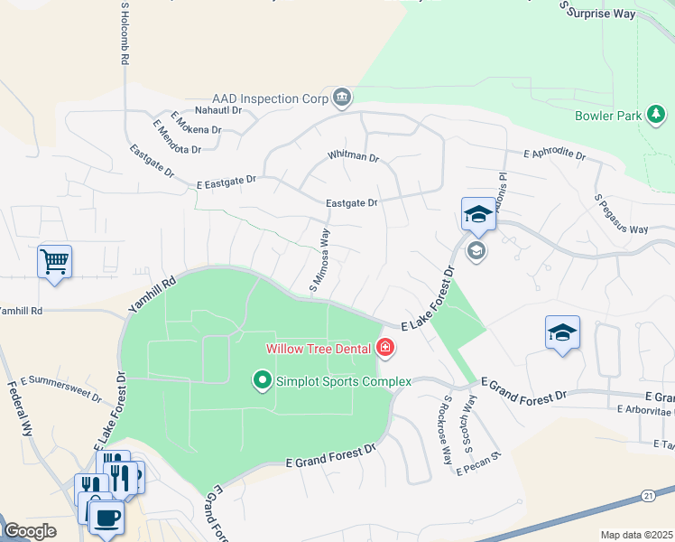 map of restaurants, bars, coffee shops, grocery stores, and more near 5667 South Nasturtium Place in Boise