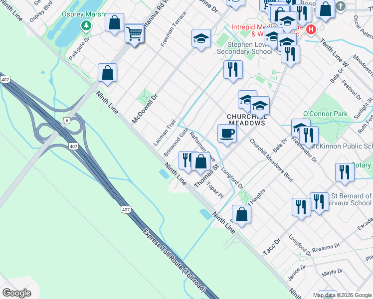 map of restaurants, bars, coffee shops, grocery stores, and more near 3876 Bloomington Crescent in Mississauga