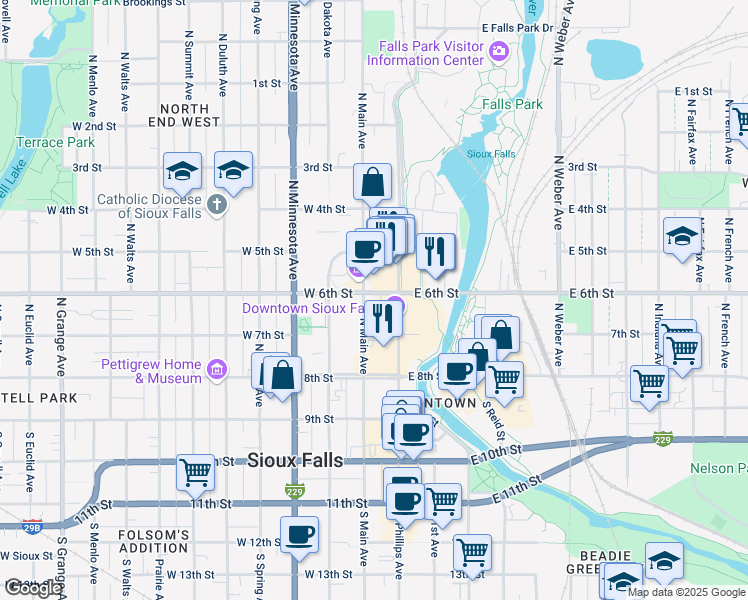 map of restaurants, bars, coffee shops, grocery stores, and more near 330 North Main Avenue in Sioux Falls